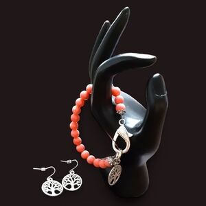 Artisan Natural Coral Bead Bracelet & Tree of Life Earrings Set
